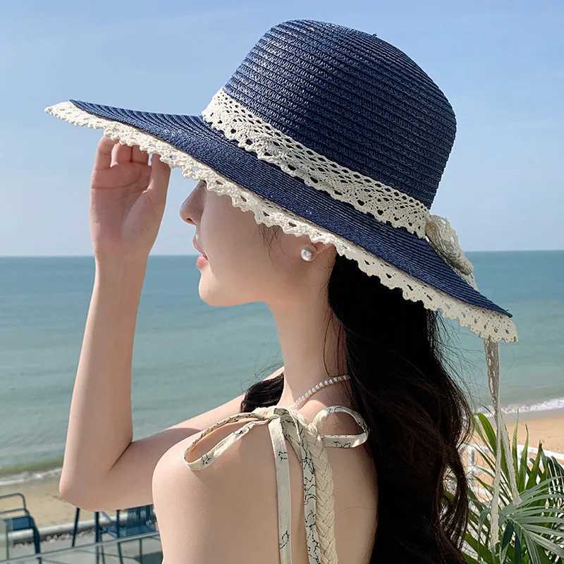 Summer Womens Sun Hat with Lace Brim and Bow Decoration Wide Brim Woven Design UV Protection Polyester Shade HatXJ250304