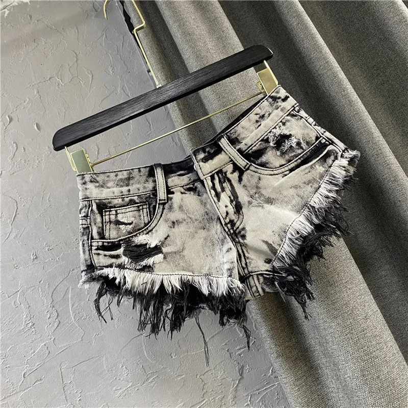 2025 Summer Low Waist Light Grey Broken Edge A-line Pants Korean Womens Personalized Ripped Denim Shorts 250303