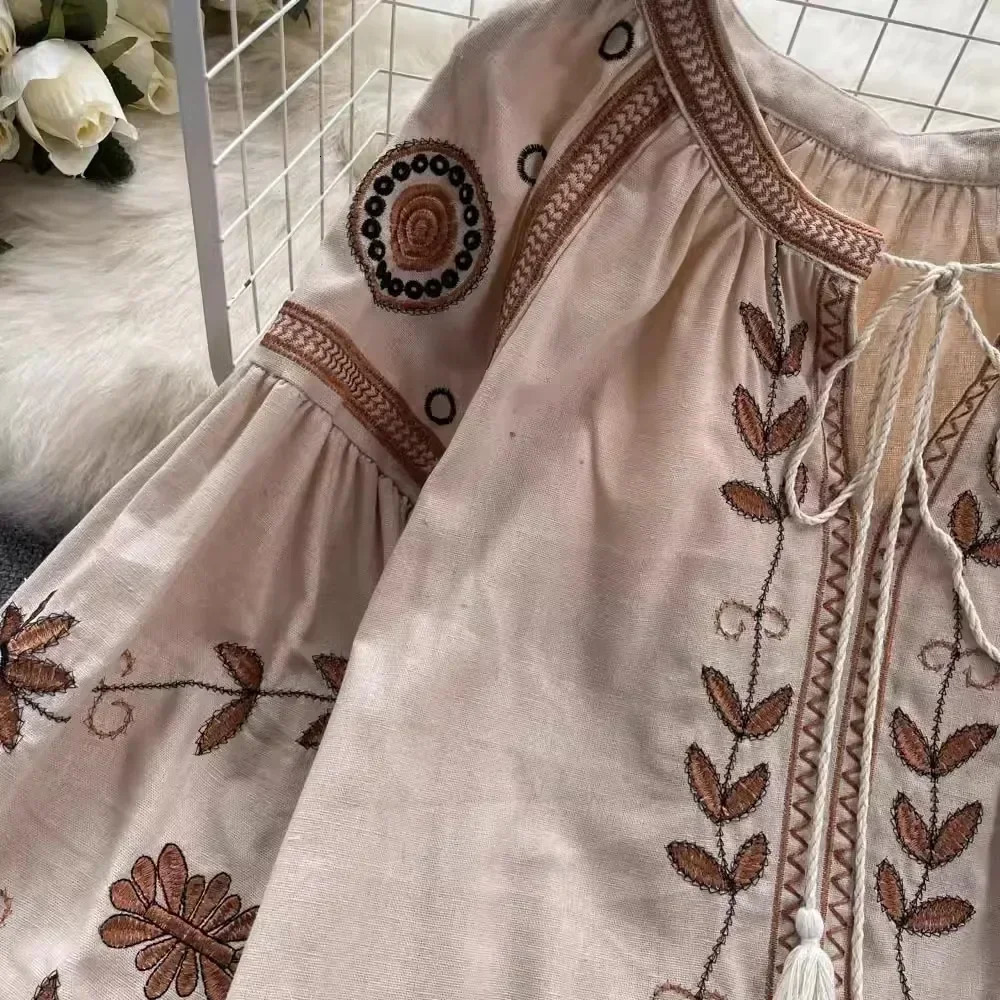 Neploe Women O Neck Puff Sleeve Print Heavy Shirt Panelled Lace Up All-match Embroidery National Style Blouses Tassels Tops 250228