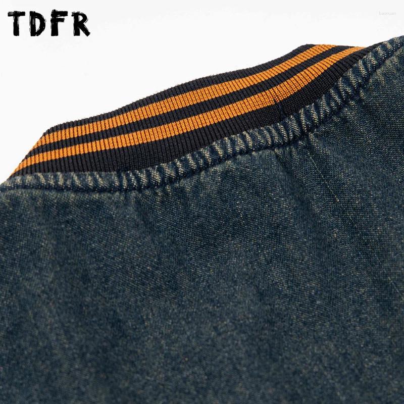 Men's Casual Shirts Letter Embroidery Denim Short Sleeve Mens Retro Streetwear Washed Distressed Spliced Stand Collar Single Breasted