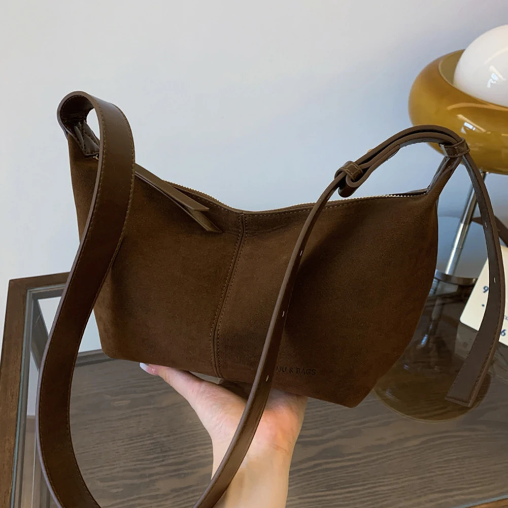 Ship from US Women Suede Crossbody Bag Multipocket Shoulder Adjustable Strap Hobo Zipper Handbag for Work Travel 250304FBB