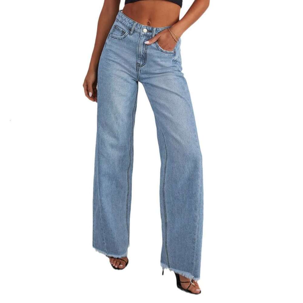 Women's Denim High Waist Fashion Wide Leg Cotton Trousers Autumn Tide Straight Pants De Mujer Frayed Hem Jeans