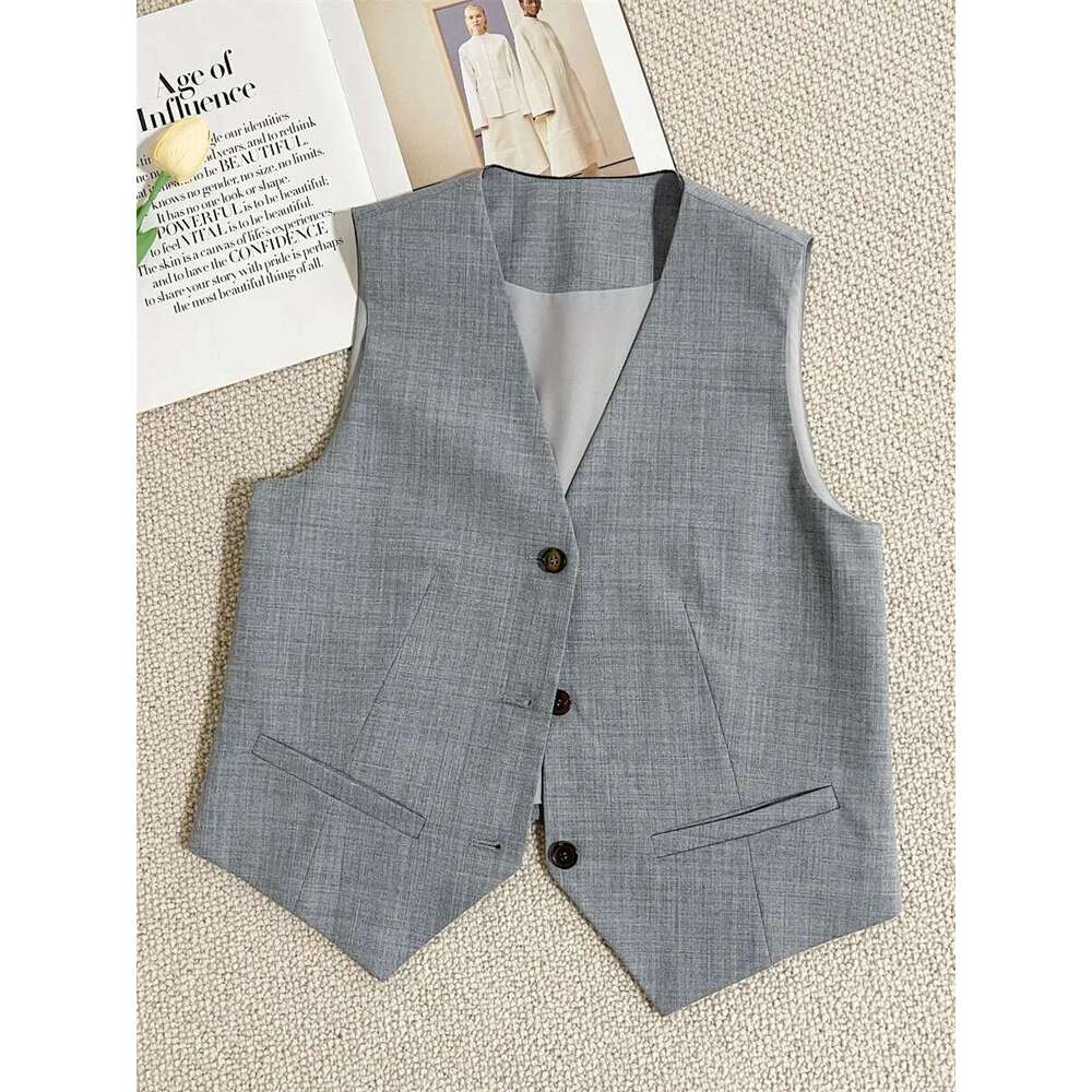 Women Gray Beading Chain Set Herringbone Patterned Single Breasted Blazer Vest Or Straight Long Pants Lady Casual Suit