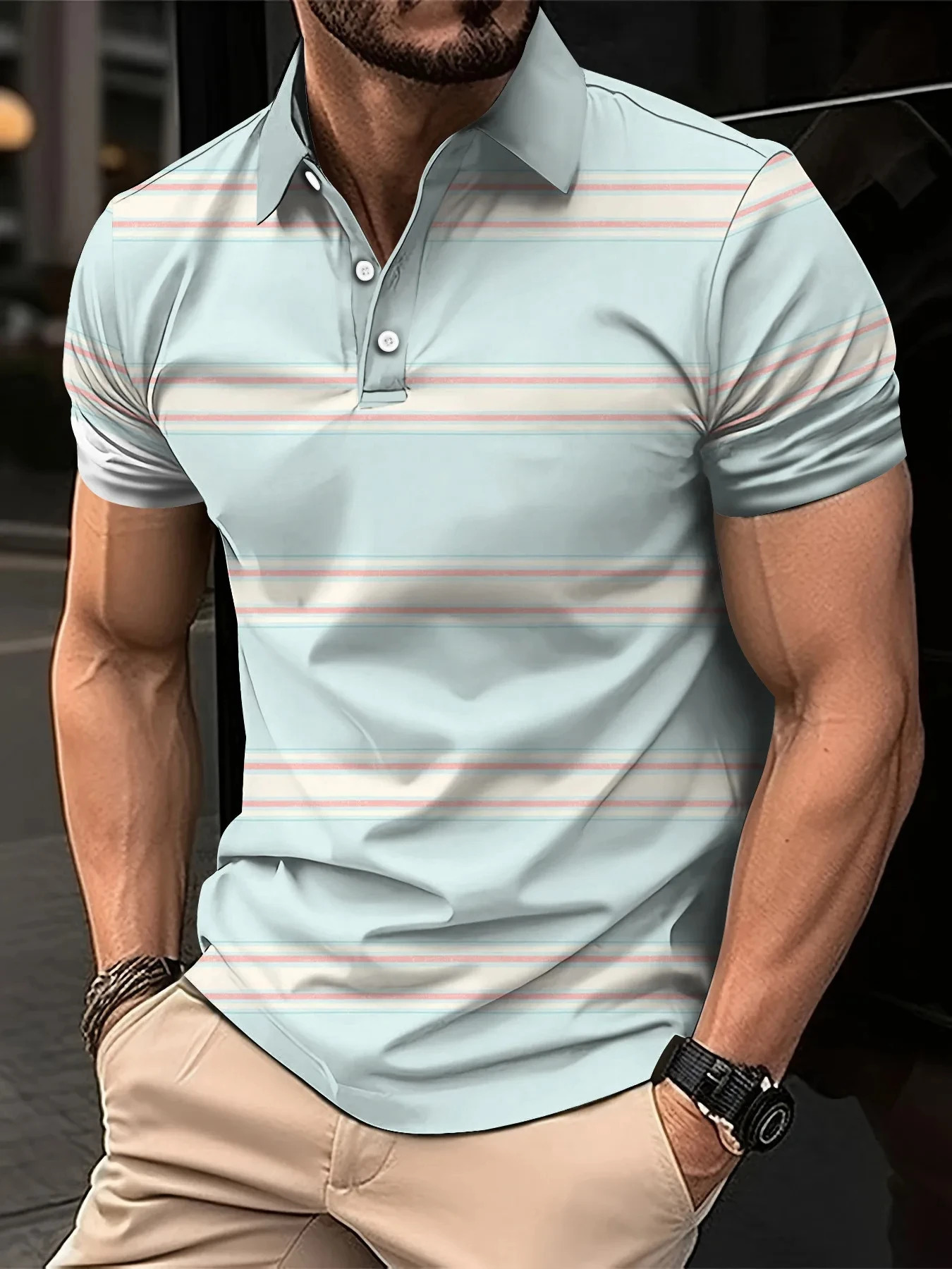 Mens Summer Short Clothes Sleeved Lapel 3D Digital Printed Striped Polo Shirt Mens Fashion Business Casual Top Clothes 250304