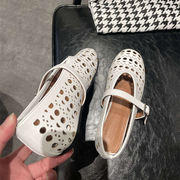 Cowhide Edition~Spring/Summer Genuine Shallow Mouth One Word Buckle with Hollow Round Head Flat Bottom Single for Women Ballet Boats Leather Shoes