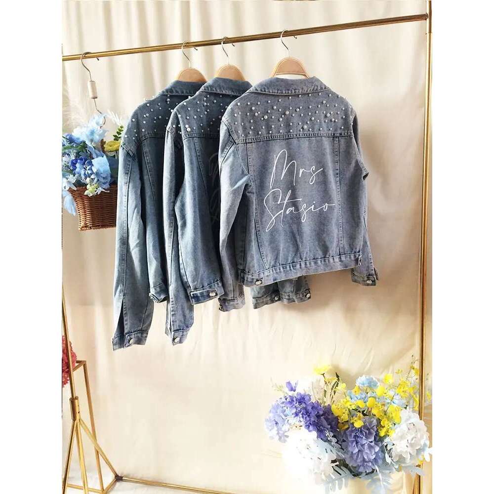 PERSONALIZED Statement Denim Bridal Name Pearl Detaig MRS Jacket Custom Date Placement On Collar Bride Gift New