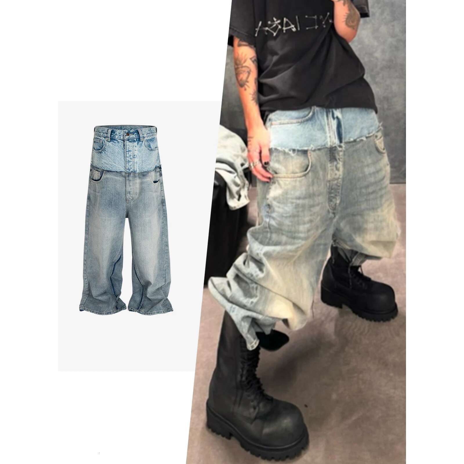 Vintage Patchwork Baggy Men's Streetwear Hip Hop Loose Denim Pants Hi Street Designer Jeans Trousers Man