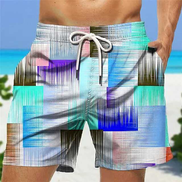 Mens Shorts Swim Trunks Drawstring Stripe Graphic Geometry Quick Dry Short Casual Holiday Hawaiian Micro-elasticT250304