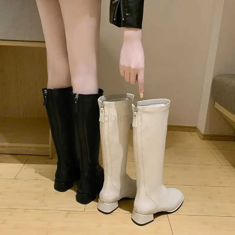 Cemore Large Size 43 Thick Low Heel Knight Knee Boots Wen Elegant Shoes Plush White Autumn Winter 2023 New Leather Long Boot Z250304