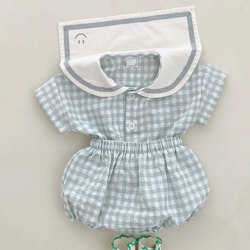 Baby Girl Clothes Set Infant Boy Short Sleeves T-shirt And Bread Shorts 2pcs Sets Toddler Unisex Cotton Plaid Topsbloomer Suit 250304