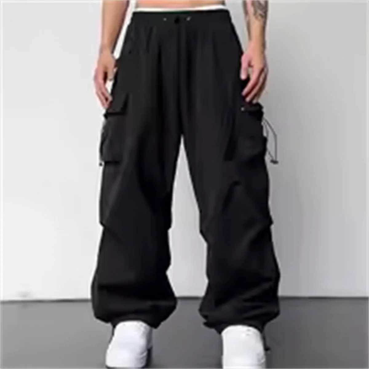 Spring and summer mens casual pants with large pockets street clothing in black stretchy sporty fashionable oversized couple pants for going outXJ2503