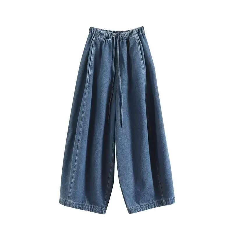 Women's New Fashion Version Loose Side Pocket Casual Pleated Jeans Retro Elastic Waist Drawstring Denim Pants Yaki