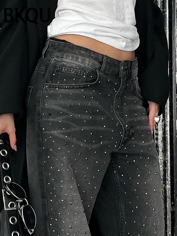 BKQU Low Waist Wide Leg Womens Jeans American Black Rhinestone Baggy Denim Long Pants Female Oversized BF Style Trousers 250228