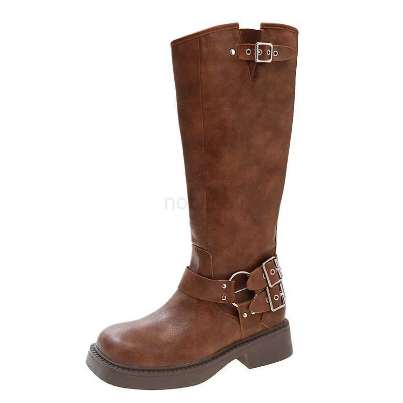 Chic Square Toe Wen Knee High Boots Fion Belt Buckle Knight Long Booties Autumn Winter Fem Low Heel Shoes Z250304