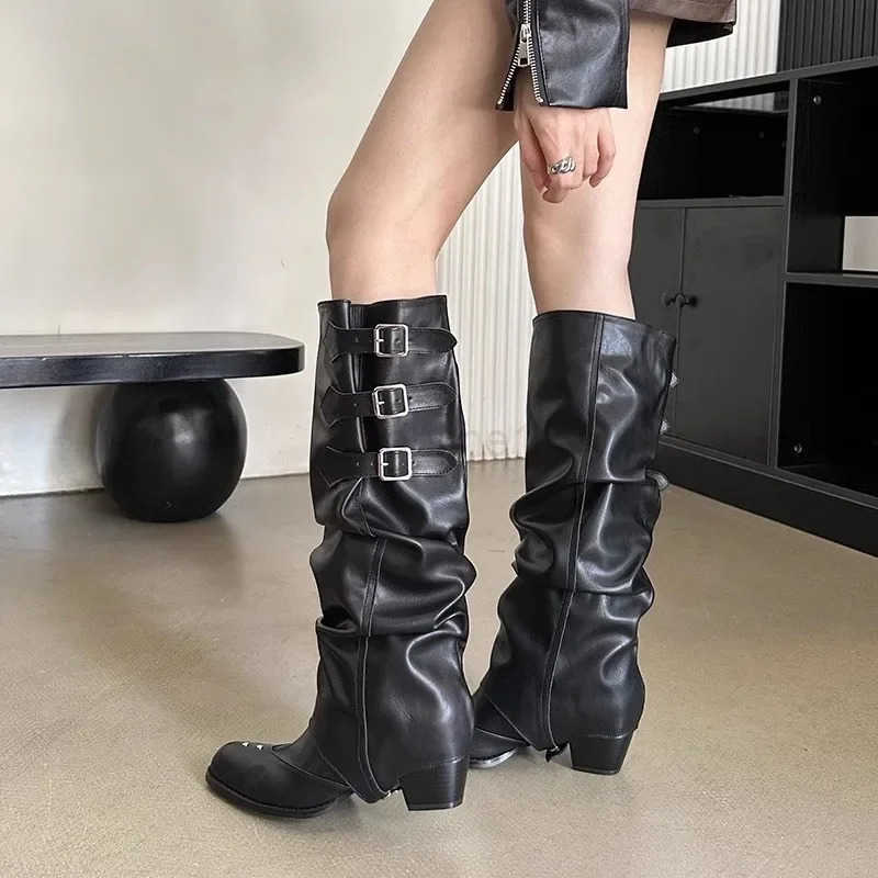 High Quality Wasteland Punk Y2k Gothic Style Vintage Motorcycles Wern Boots for Wen Black s Knee High Boot Shoes Z250304