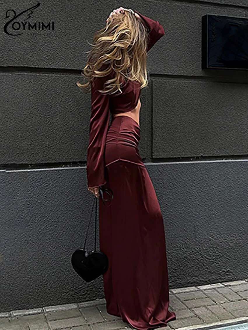 Oymimi Fashion Wine Red Sets For Women 2 Pieces Elegant Satin O-Neck Long Sleeve Crop Tops + Slim Simple Or-Length Skirts Set