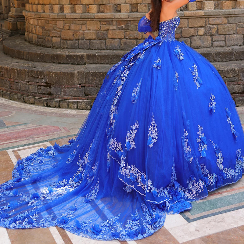 Royal Blue Shiny Quinceanera Dresses Ball Gown Off The Shoulder Applique Lace Beading Crystal Tull Party Birthday Sweet 16 Vestidos 15 De anos