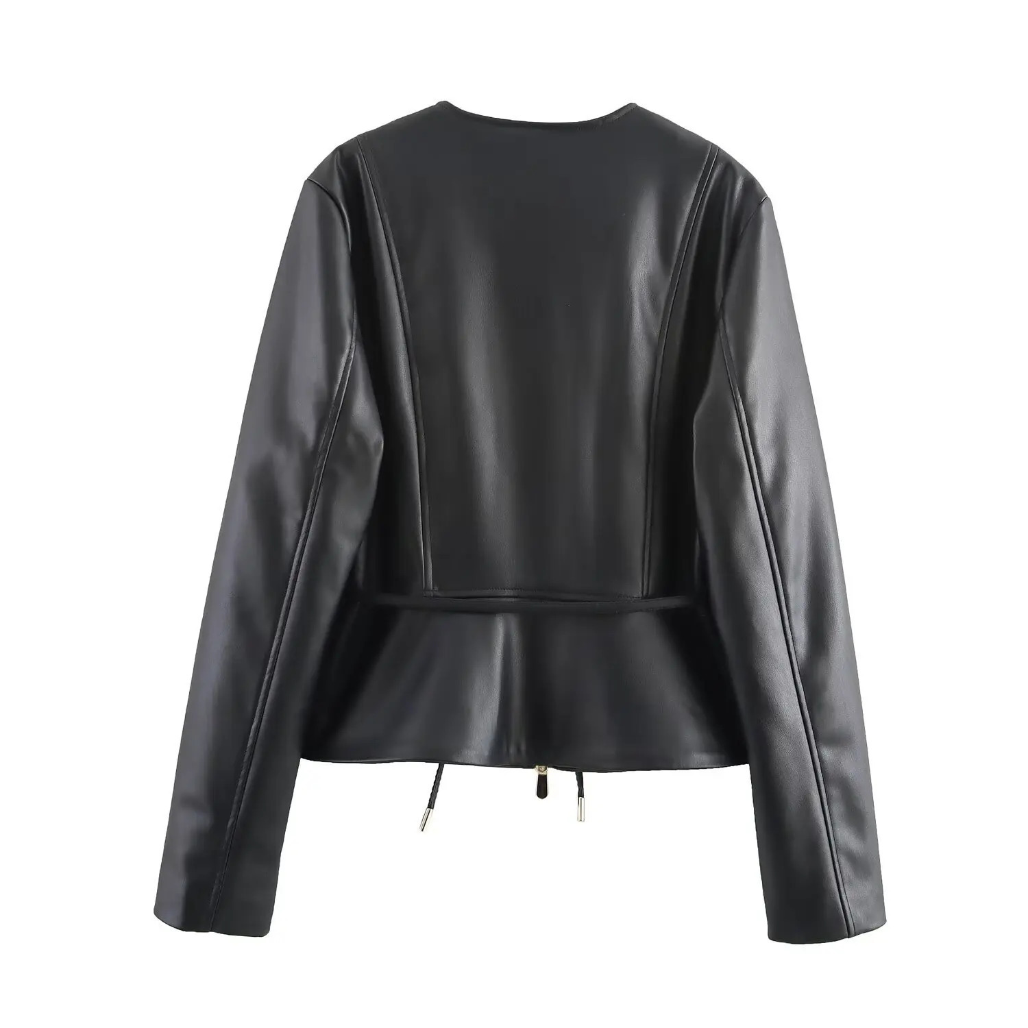 ZBZA Womens Leather Ruffle Jacket Round Neck Long Sleeve Front Zipper Thin Belt Top Spring Summer Chic Outerwear 250226