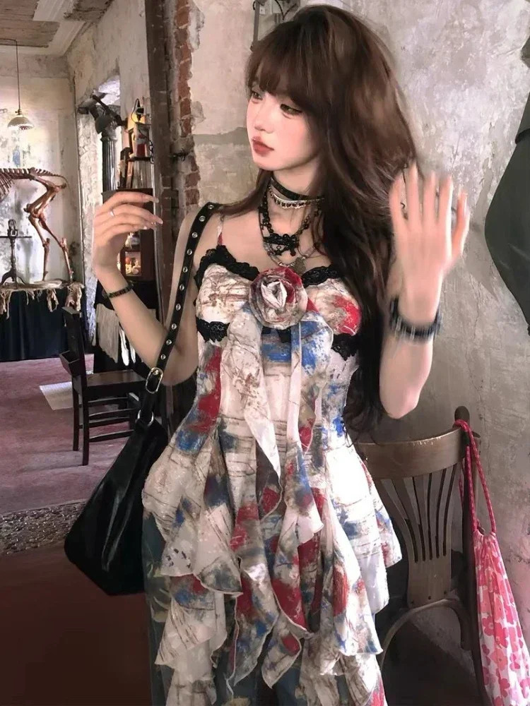 American Style Sexy Gyaru Halter Top Women Sweet Print Slim Camisole Summer High Street Coquette Asymmetrical Tees 250228