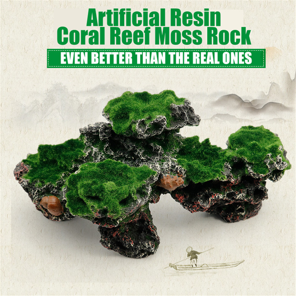 Resin Green Rockery Aquarium Decor Artificial Mountain Coral Reef Rock Cave Stone Moss Fish Tank Ornament Decoration S/L