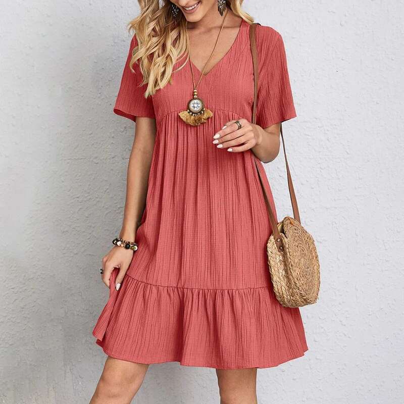 Women Mini Summer Casual Solid V Neck Ruffles A-e Dress Female Fashion Holiday Boho Loose Beach Elegant Dresses Vestido