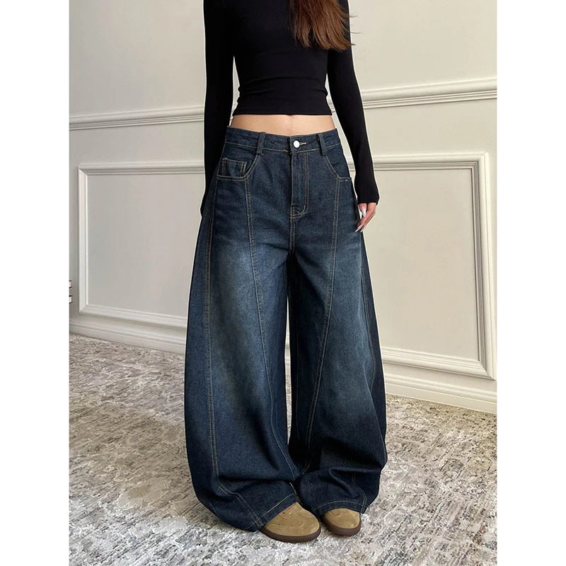 Blue Womens Retro Y2K 2000s Wide Leg Baggy Casual Denim Trouser High Waist Loose Jeans Autumn Harajuku Full Length Pants 250228