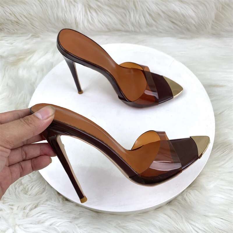 Keshangjia 12Cm Sexy Pointy Color Pvc Slippers High Heel Sandals Women Brown Stiletto Heels Lady Shoes Female Big Size 44-46