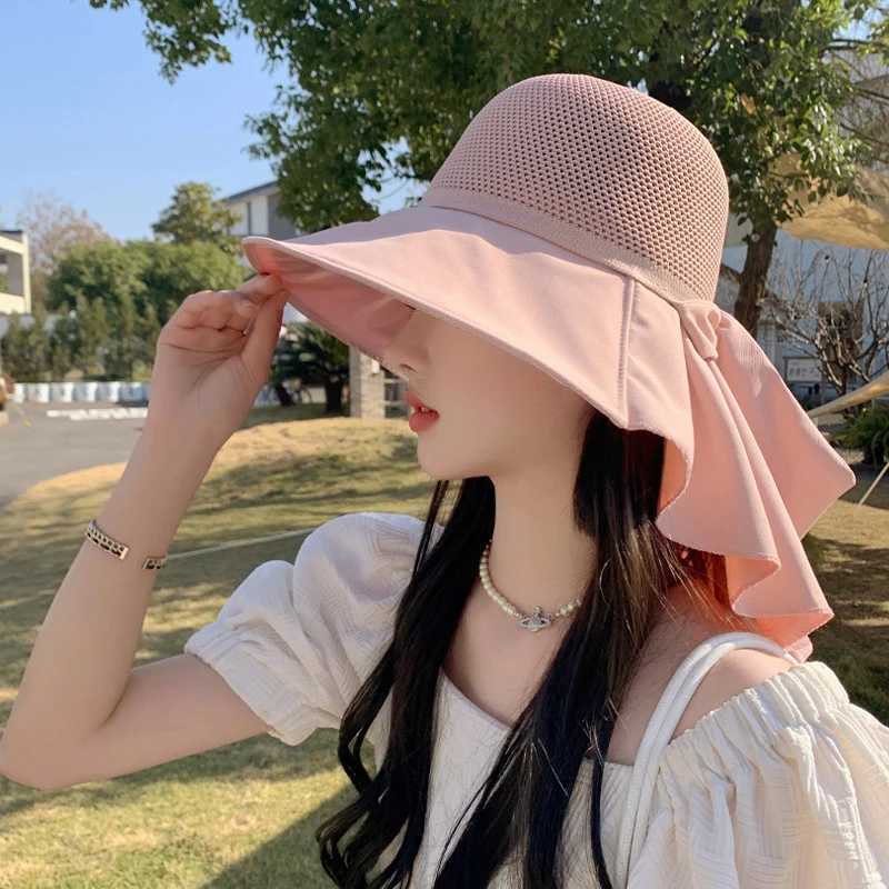 Summer Women Bucket Hat With Shl Lightweight Breathable Mesh Face Neck Protection Sun Hat Bow Pleat Beach C Design TravelXJ250304