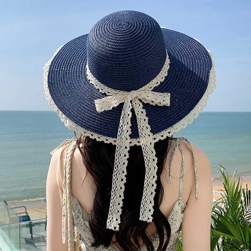Summer Womens Sun Hat with Lace Brim and Bow Decoration Wide Brim Woven Design UV Protection Polyester Shade HatXJ250304