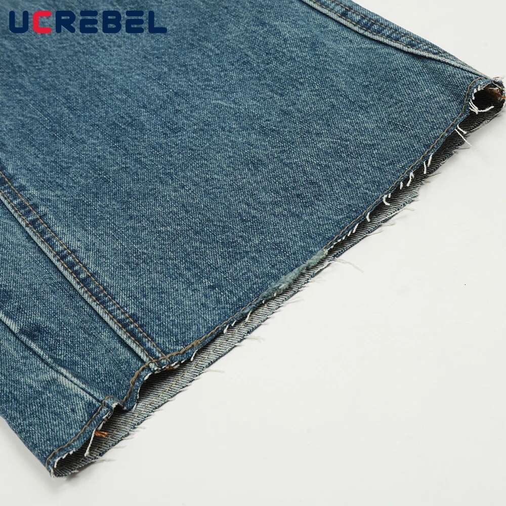 Spliced Denim Wide Leg Pants Mens Pocket Retro High Street Loose Washed Distressed Raw Edge Jeans Men Trousers