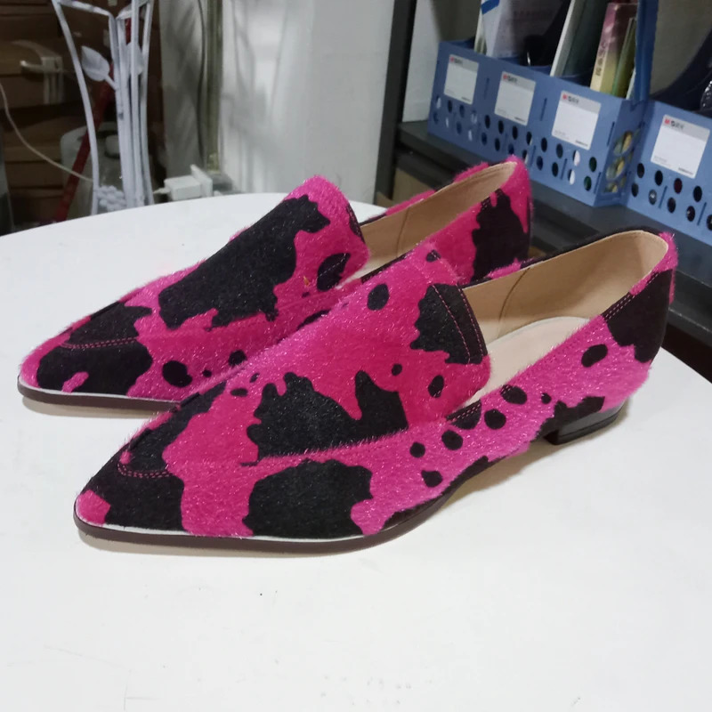 Pointed Toe Casual Flat Loafers Women Shoes Black Cow Pattern Shallow Single 250303