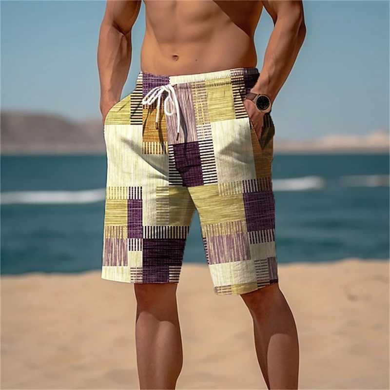 2024 Summer Hawaiian Beach Shorts Holiday Casual Colorful Plaid Print Sportswear Quick Drying Trunks Ice Shorts Hawaii SwimsuitT250304