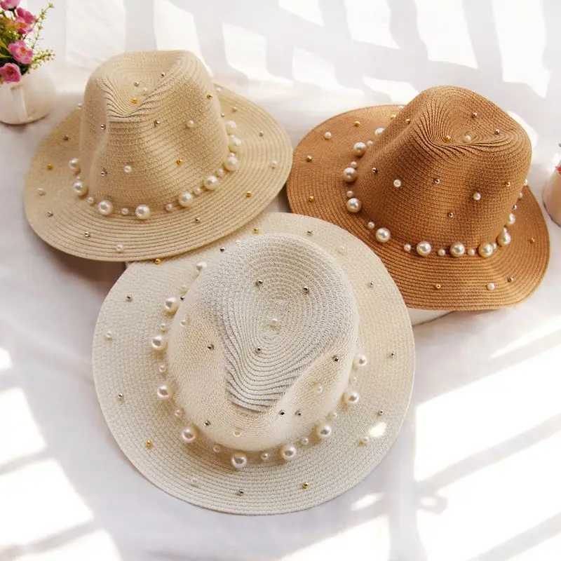 New Spring Summer Hats For Women Flower Beads Wide Brimmed Jazz Panama Hat Sun Visor Beach Hat Flower Pearl rivet Str HatXJ250304