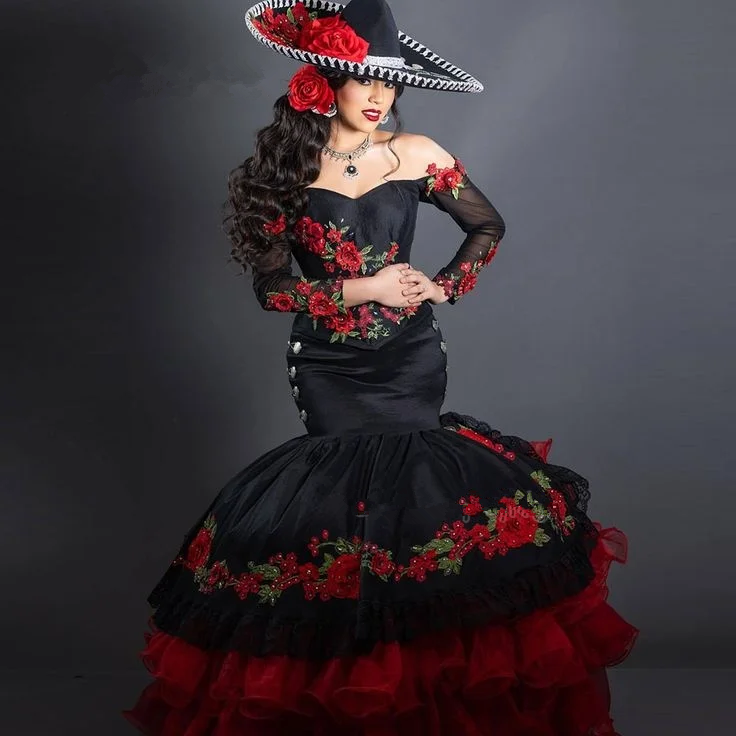 Black And Red Mermaid Prom Dresses Off Shoulder Long Sleeves Corset Mexican Special Occasion Gowns Flower Embroidery Customized