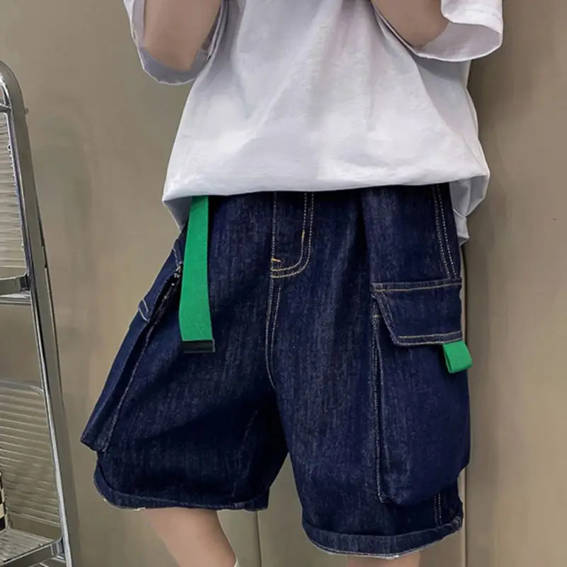312Y Boys Denim Shorts Summer Thin Kids Solid Color Fashion Pants Children Elastic Pure Cotton Casual Five Quarter 250303