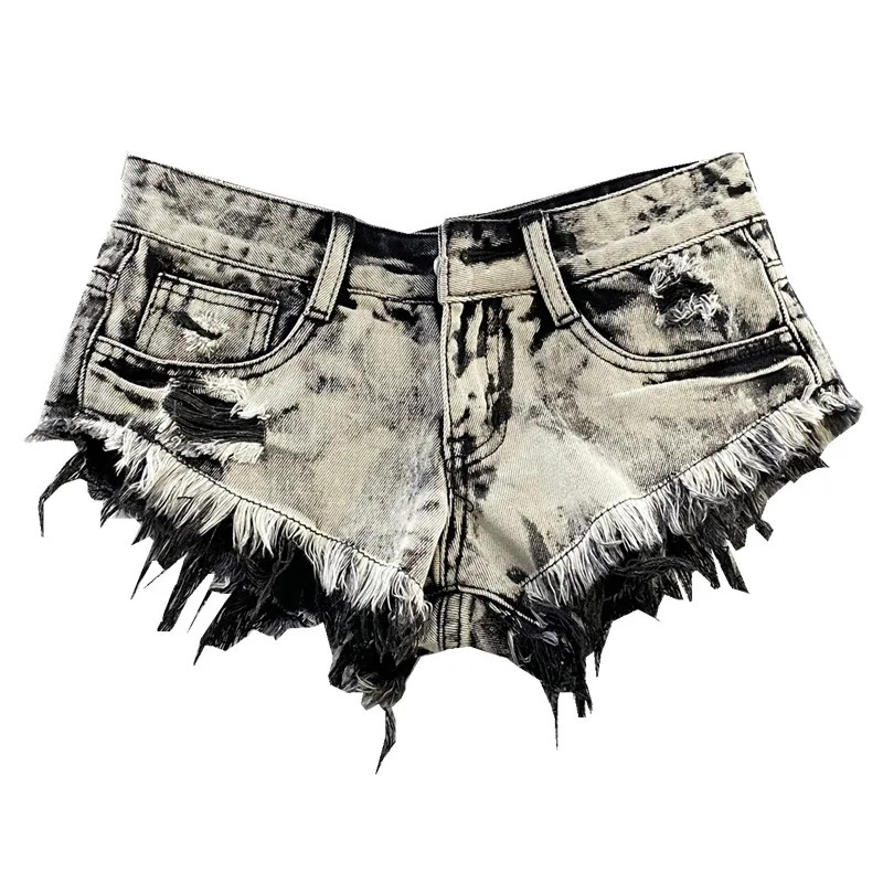 2025 Summer Low Waist Light Grey Broken Edge A-line Pants Korean Womens Personalized Ripped Denim Shorts 250303