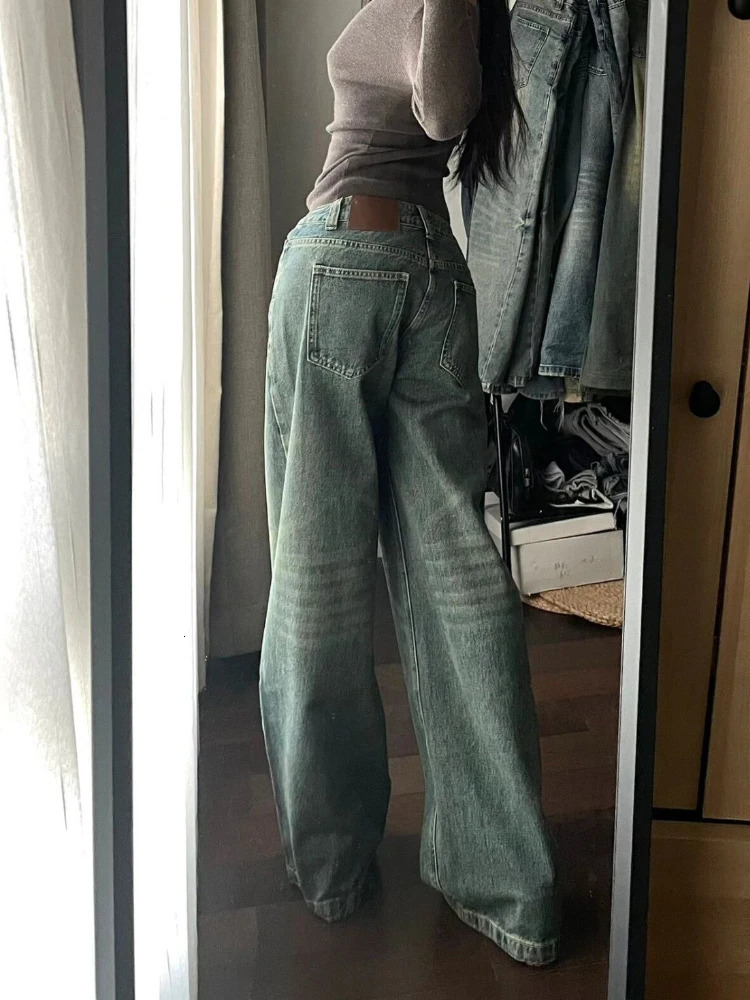 HOUZHOU Y2k Vintage Baggy Jeans for Women Washed Casual High Waist Loose Denim Pants Streetwear Korean Wide Leg Jeans Trousers 250228