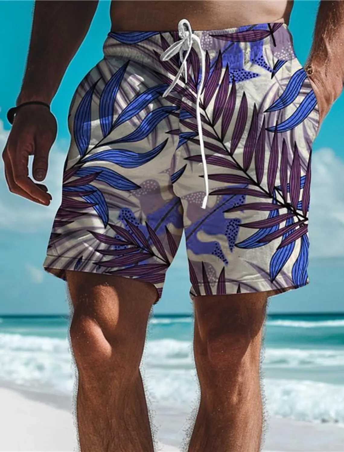 Leaf Tropical Mens Board Shorts Hawaiian Short 3D Printed Swim Trunks Elastic Drawstring Breathable Stretch Short Aloha StyleT250304