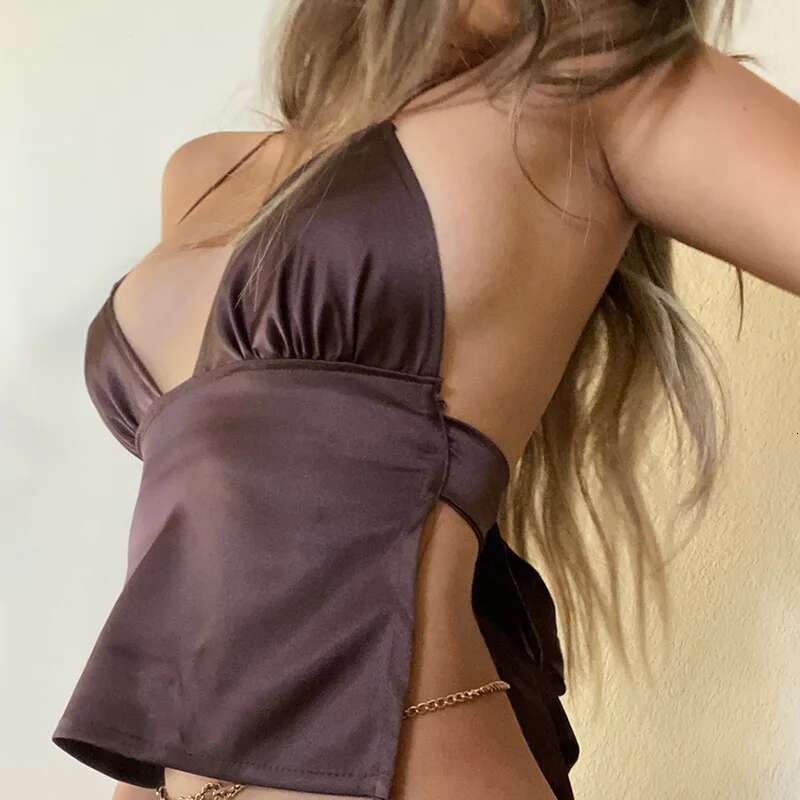 New Women's 2025 Solid Color Sexy Backless Halter Crop Top Fashion Spaghetti Strap Sleeveless Deep V Neck Tie Back Camisole