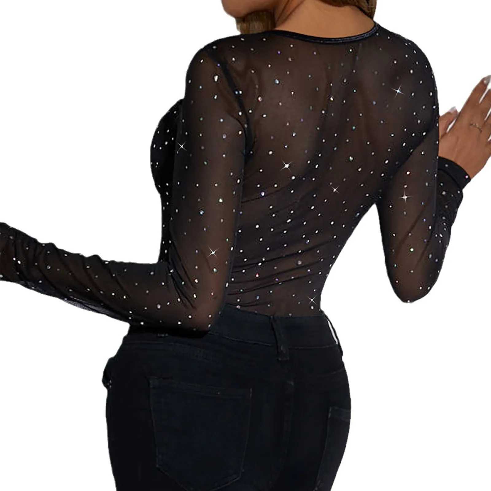 Womens long Sve top sexy tight fitting Y2k shiny Rhine mesh tight fitting corset retro streetwear black and red jumpsuitXJ250304