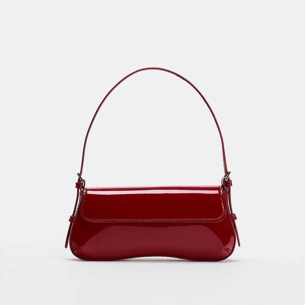 Red Patent Leather Underarm Bag Fashionable Simple Commuter Flap Pocket Shoulder Bag 2025 Spring Autumn New Product Handheld Bag Z250303