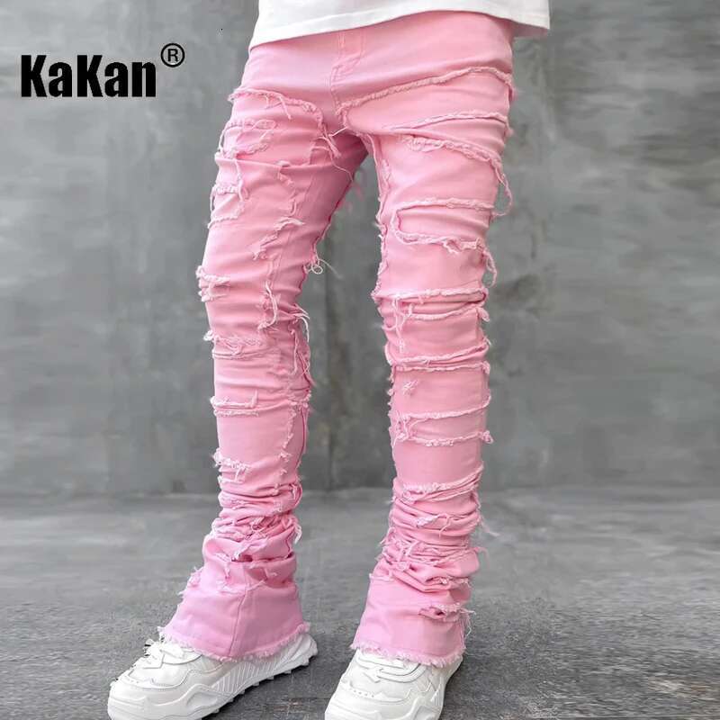 Kakan - New European And American Heavyweight Streetwise Stretch Patch Jeans For Men, High Street Straight Fit Long Jeans16-3001