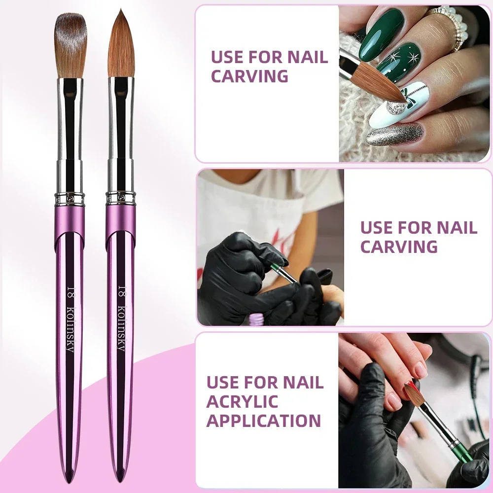 100% Kolinsky Acrylic Nail Brush 1Pcs Purple Crimped Metal Handle Drawing Brush for Acrylic Powder Size 2-18 250304