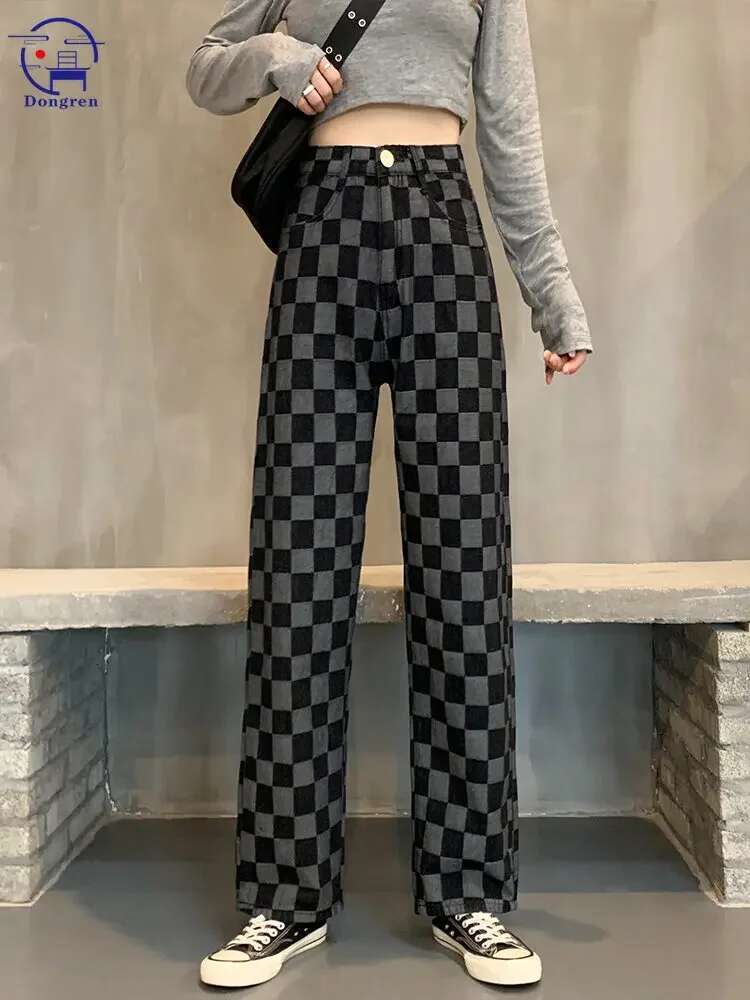 New Vintage Plaid Blue Women's Street High Waist Slim Loose Straight Wide Leg Casual Denim Pants Women Jeans