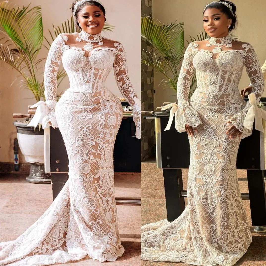 Arabic Aso Ebi Illusion Mermaid Wedding Dresses Floral Lace applique Full Sleeves Vintage Charming Bridal Gowns customsized