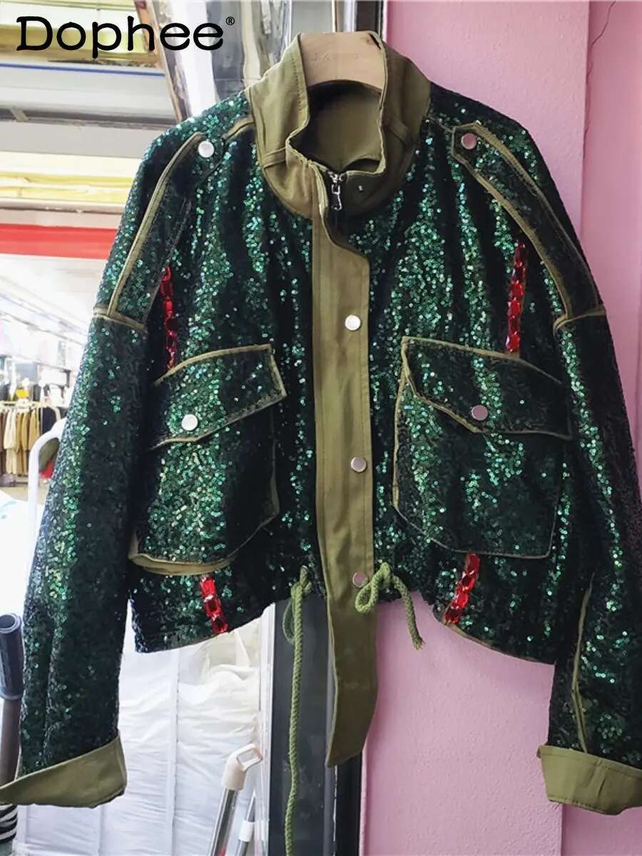 Heavy Industry Green Sequins Overalls Jacket Female 2023 Spring Autumn New Women Clothes High-Grade Big Pocket Cropped Coat Tide