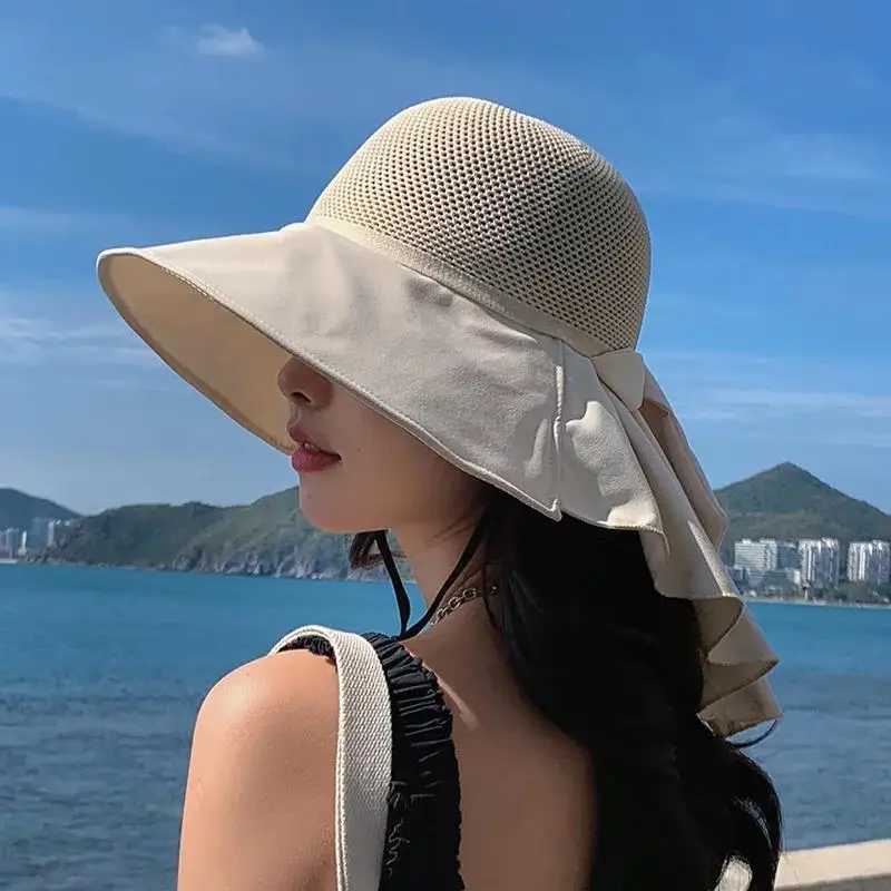 Women Hat Summer Bucket Hat With Shl Lightweight Breathable Mesh Face Neck Protection Sun Hat Bow Big Brim Travel Beach HatXJ250304