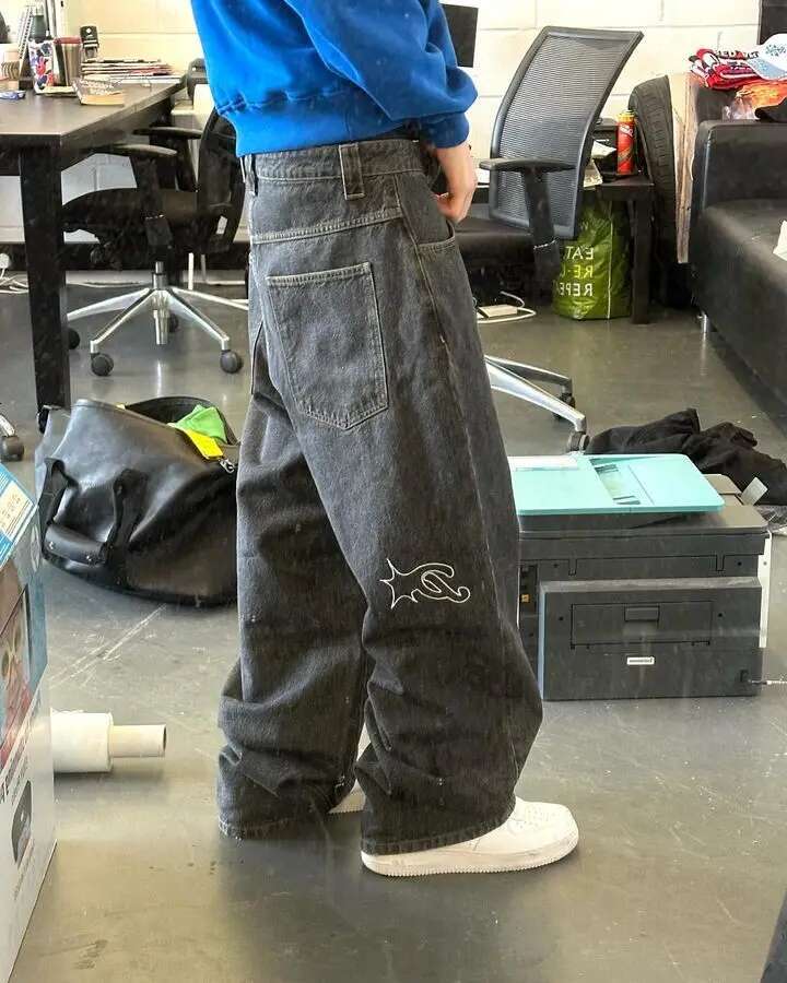 PROTECT Y2k Haruku Hip Hop Graphic Oversized Retro Blue Baggy Jeans Mens Womens New High Waist Wide Leg Trouser