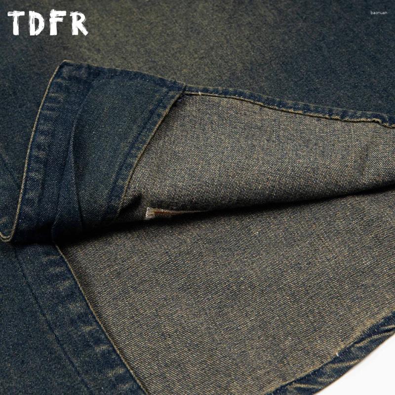 Men's Casual Shirts Letter Embroidery Denim Short Sleeve Mens Retro Streetwear Washed Distressed Spliced Stand Collar Single Breasted