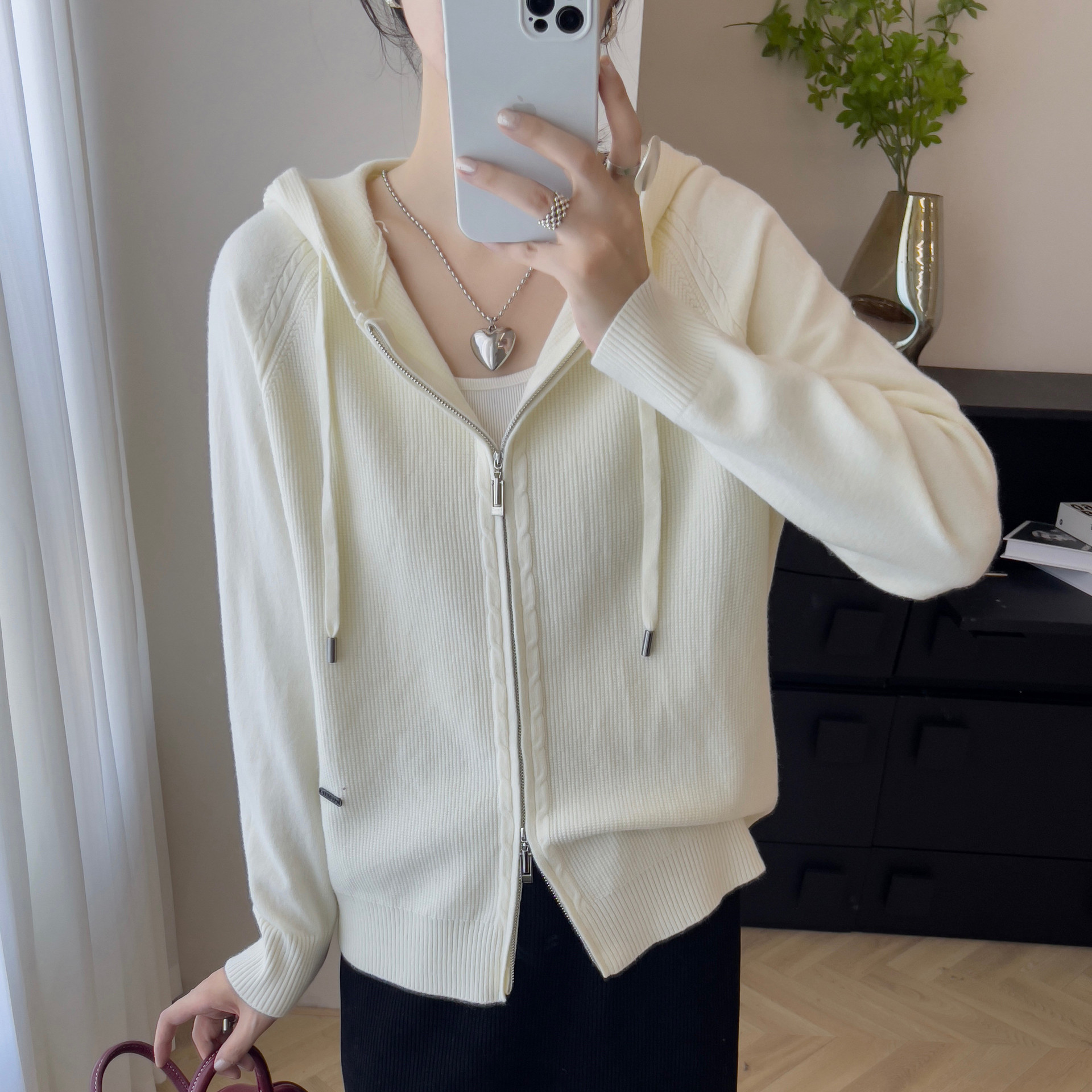 D199 New short hooded soft and loose lazy style double zipper sweater jacket